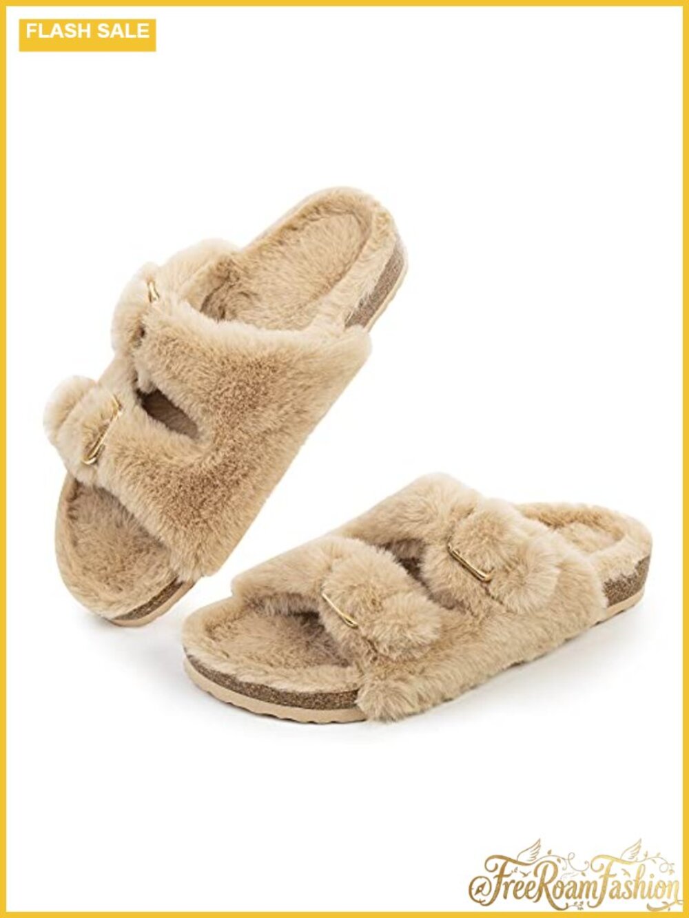 Faux Rabbit Fur Cork Slide Slippers Open Toe Arch Support Sandals